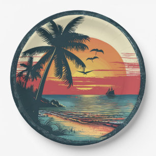 Retro Beach Sunset Tropical Party Theme Beach Paper Plate