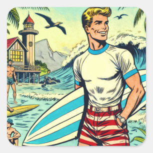 Retro Beach Surf Comics Square Sticker