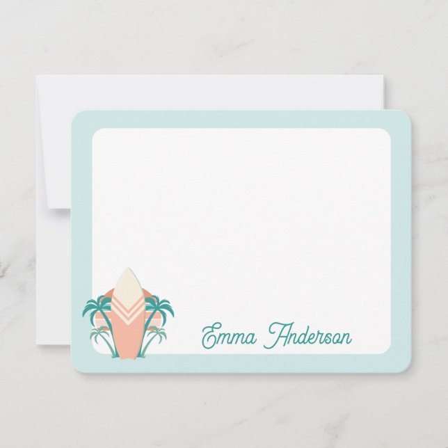 Retro Beach Surfboard Palm Tree Tropical Note Card (Front)