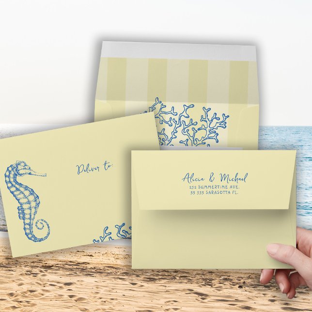 Retro beach wedding yellow blue wedding  envelope (Creator Uploaded)
