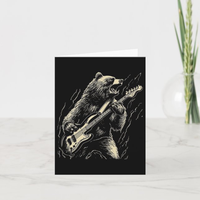 Retro Bear Playing Bass Guitar Bear Guitarist Musi Card (Front)