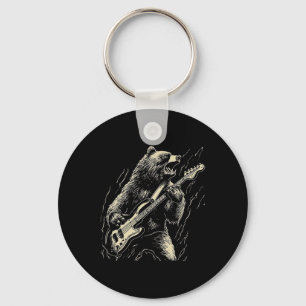 Retro Bear Playing Bass Guitar Bear Guitarist Musi Keychain