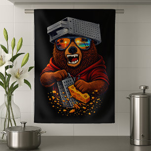 Retro Bear With Cheese Grater Hat and Sunglasses Kitchen Towel