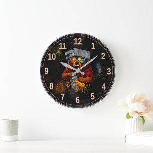 Retro Bear With Cheese Grater Hat and Sunglasses Large Clock