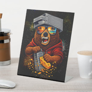 Retro Bear With Cheese Grater Hat and Sunglasses Pedestal Sign