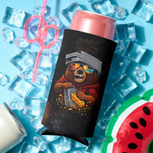 Retro Bear With Cheese Grater Hat and Sunglasses Seltzer Can Cooler