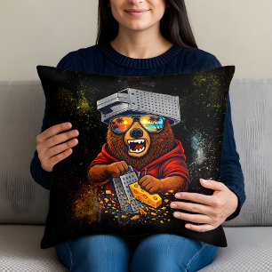 Retro Bear With Cheese Grater Hat and Sunglasses Throw Pillow