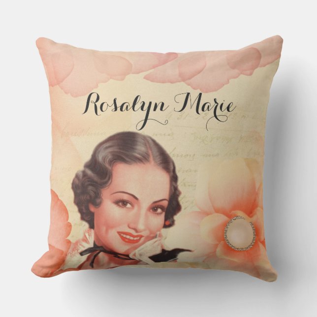 Retro Beautiful 1920s Twenties Woman Rose Petals Throw Pillow (Front)