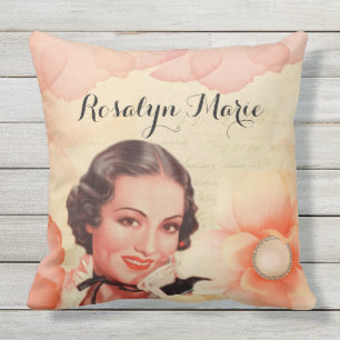Retro Beautiful 1920s Twenties Woman Rose Petals Throw Pillow