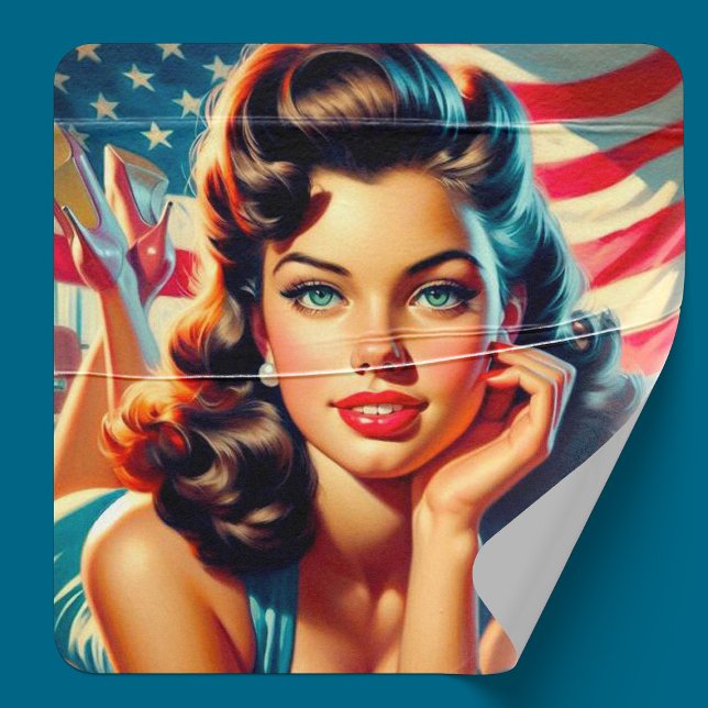 Retro Beautiful American Girl Square Sticker (Creator Uploaded)