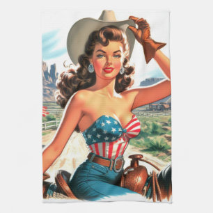 Retro Beautiful Cowgirl Pin Up Kitchen Towel