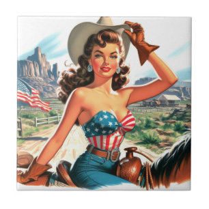 Retro Beautiful Cowgirl Pin Up Tile