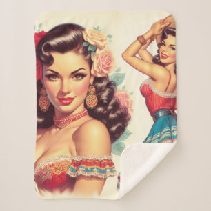 Retro Beauty Mexican Woman Sherpa Blanket