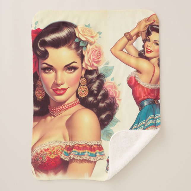 Retro Beauty Mexican Woman Sherpa Blanket (Front)