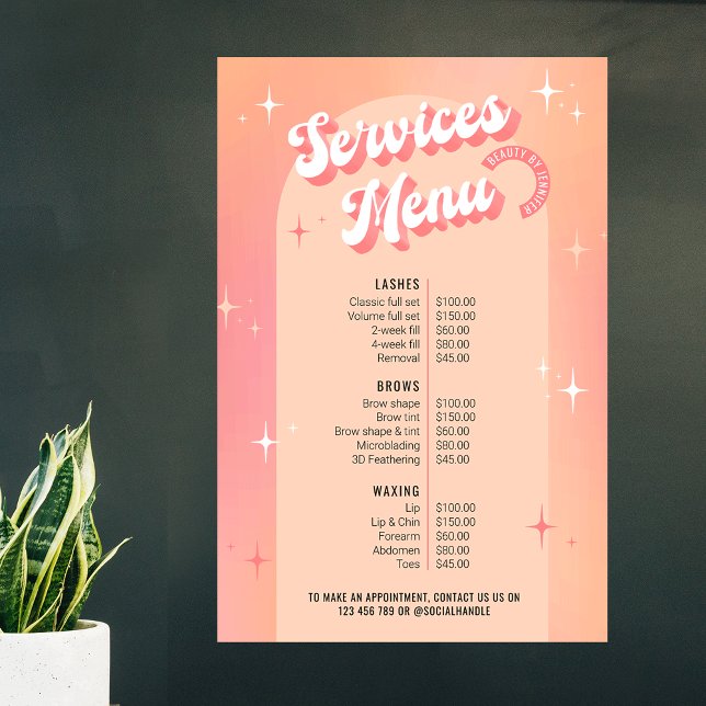 Retro Beauty Salon Peach & Pink Price List Poster (Retro groovy business price list design in pastel peach and pink hues)