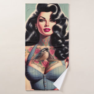 Retro Beauty Tattooed Pin up Bath Towel
