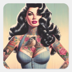 Retro Beauty Tattooed Pin up Square Sticker