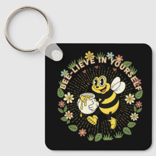 Retro Bee-lieve In Yourself Vintage Honey Bee Keychain