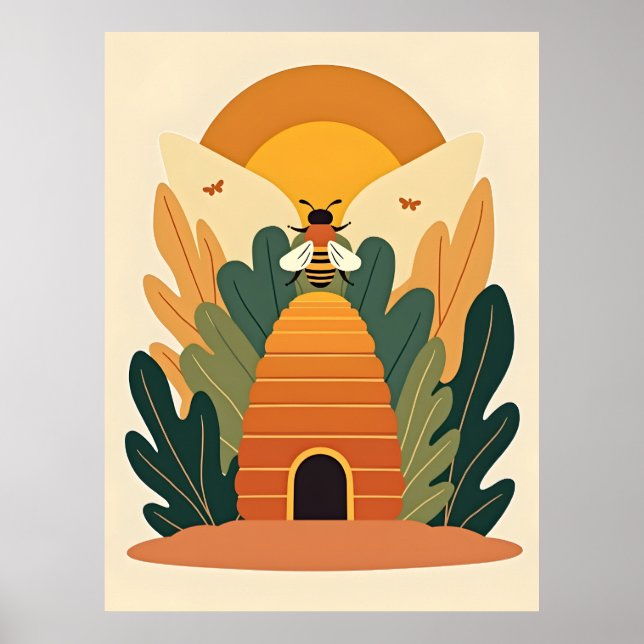 Retro Beehive Bee Botanical Poster (Front)