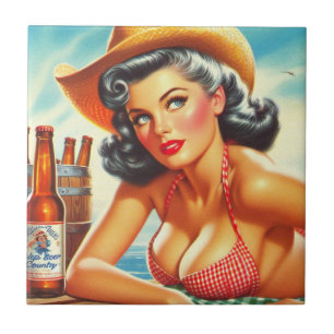 Retro Beer Country Girl Tile