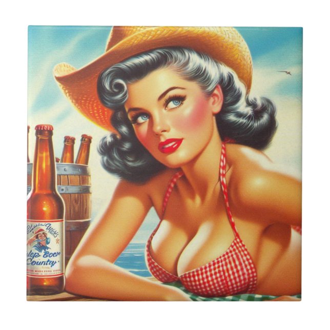 Retro Beer Country Girl Tile (Front)