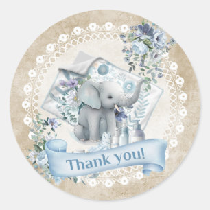 Retro beige and blue boy elephant baby shower classic round sticker