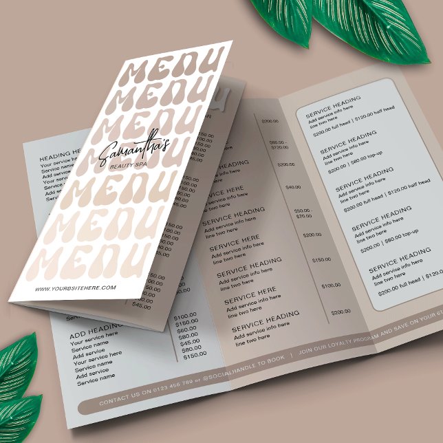 Retro Beige Groovy Lashes Salon Tri-Fold Brochure (Retro beige business tri-fold price list with groovy fonts and pastel beige color scheme)