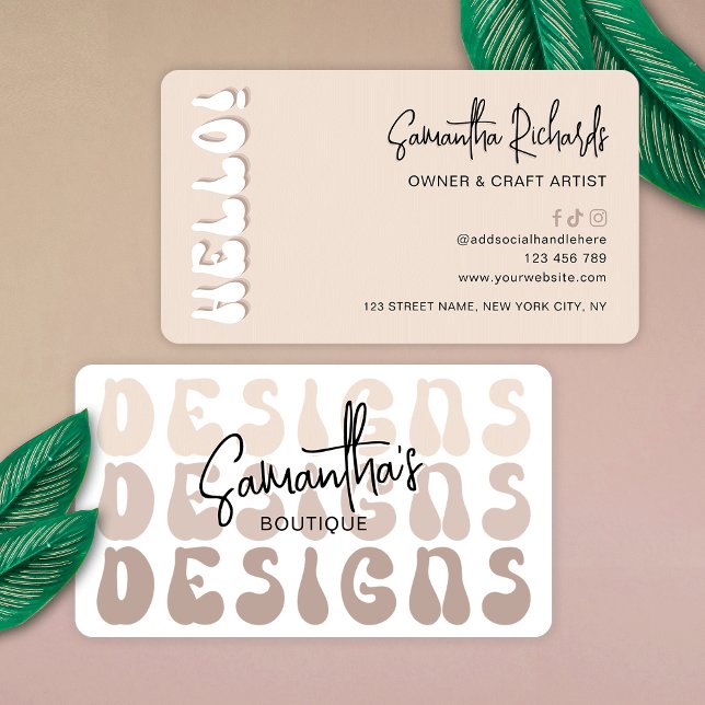 Retro Beige Modern Logo Handmade Designer Crafter Business Card (Retro beige crafter and designer business cards with groovy fonts in light cream colors)