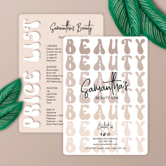 Retro Beige Modern Nails Spa Hair Salon Price List (Trendy beige and white beauty business pricing menu featuring retro style groovy fonts)