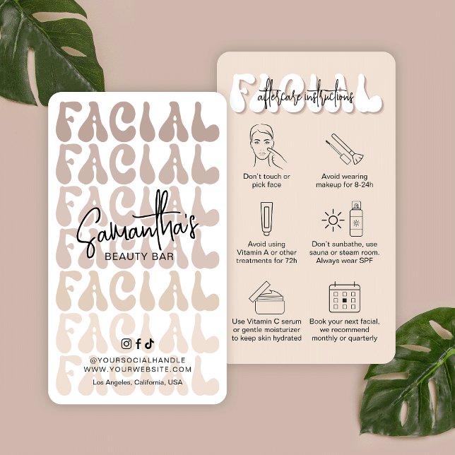 Retro Beige Trendy Facial Care Instructions Salon Business Card (Modern facial after care cards in beige and white with retro fonts and care icons)