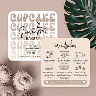 Retro Beige Trendy Logo Cupcakes Care Instructions Square Business Card