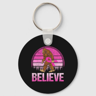 Retro Believe Breast Cancer Bigfoot And Pink Ribbo Keychain