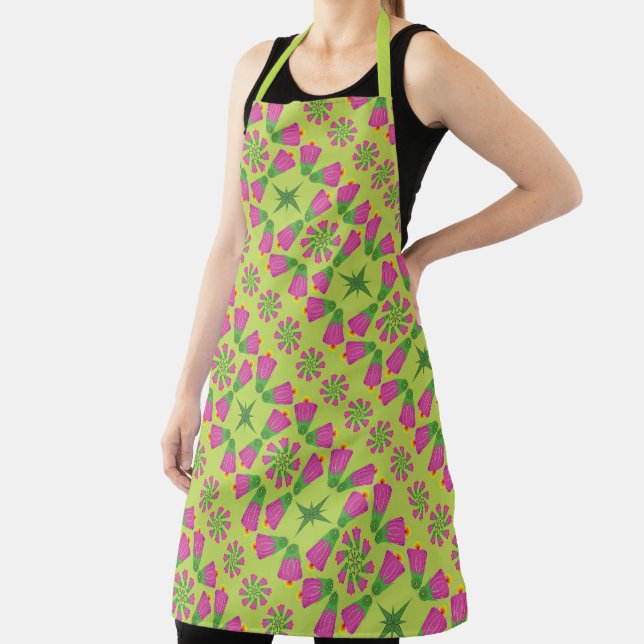 Retro Bell Flower Mandalas Green Large Apron (Insitu)