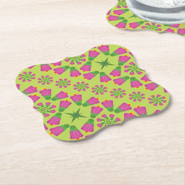 Retro Bell Flower Mandalas Green Paper Coasters (Angled)