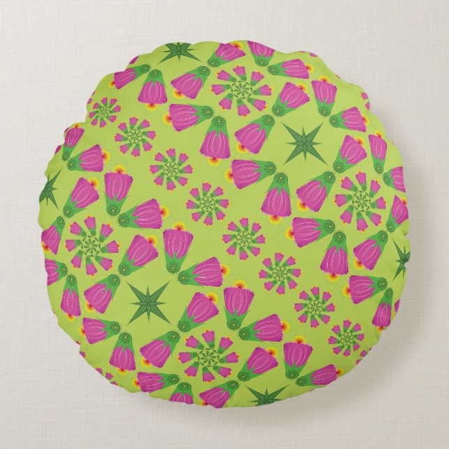 Retro Bell Flower Mandalas Green Round Pillow (Front)