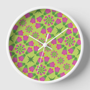 Retro Bell Flower Mandalas Green Wood Framed Clock