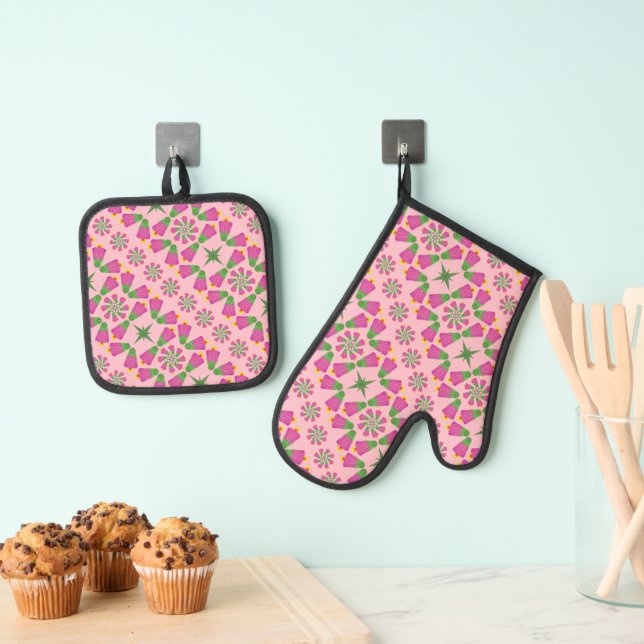 Retro Bell Flower Mandalas  Oven Mitt & Pot Holder Set (Insitu(Hanging))