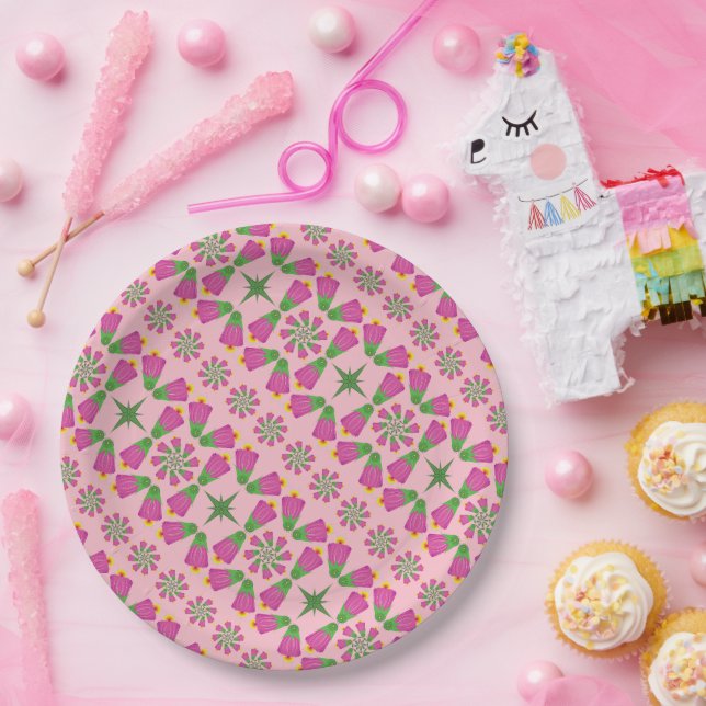 Retro Bell Flower Mandalas Pink 9" Paper Plates (Party)
