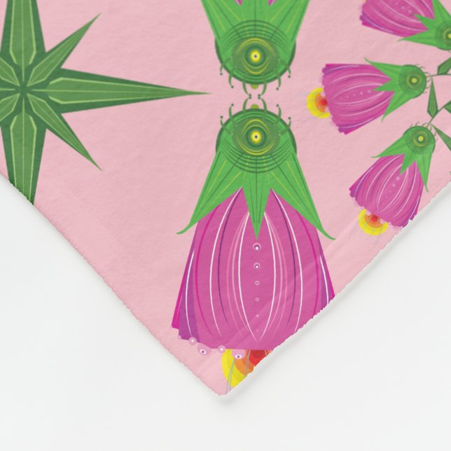 Retro Bell Flower Mandalas Pink Fleece Blanket (Corner)