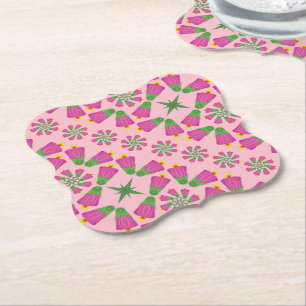 Retro Bell Flower Mandalas Pink Paper Coasters