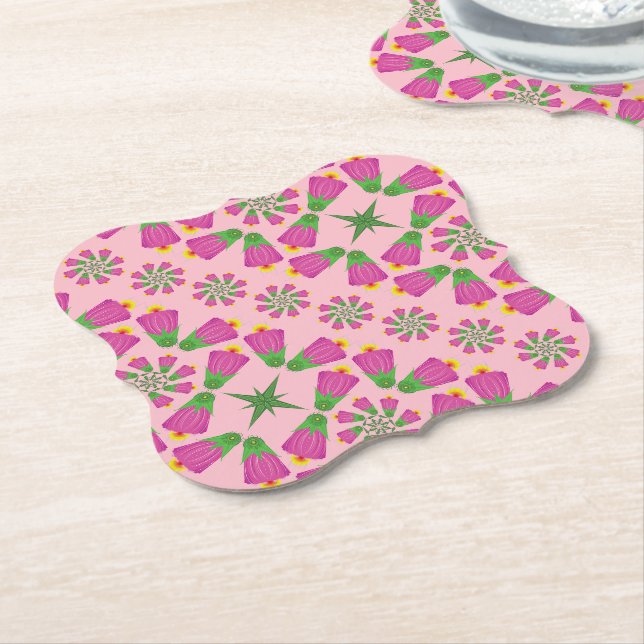Retro Bell Flower Mandalas Pink Paper Coasters (Angled)