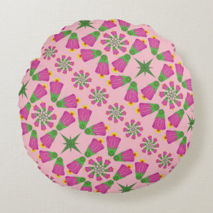 Retro Bell Flower Mandalas Pink Round Pillow