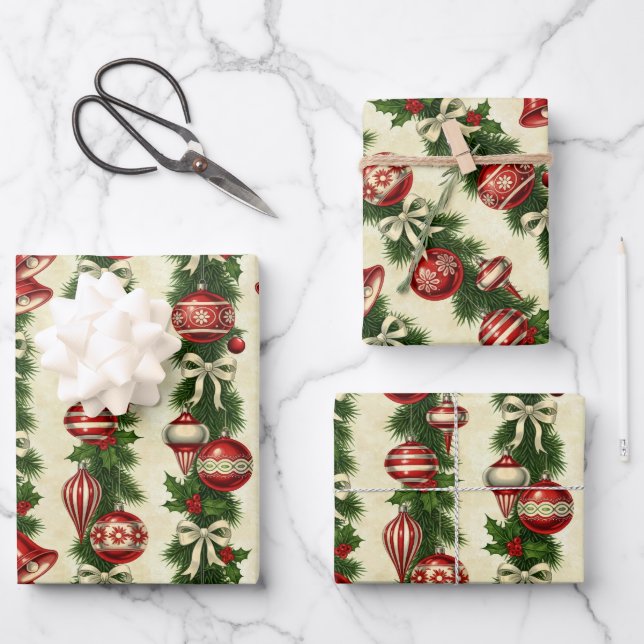  Retro Bells & Baubles Wrapping Paper Sheet (Front)