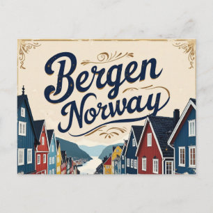 Retro Bergen Harbour View Postcard