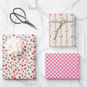 Retro Berry Cherry and Checkers on Cream Wrapping Paper Sheet