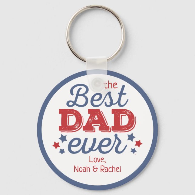 Retro Best DAD Ever Blue Red Patriotic Stars Keychain (Front)