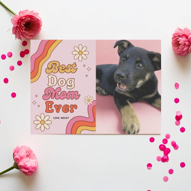 Retro Best Dog Mom Ever Pink and Daisy Colourful Card (Creator Uploaded)