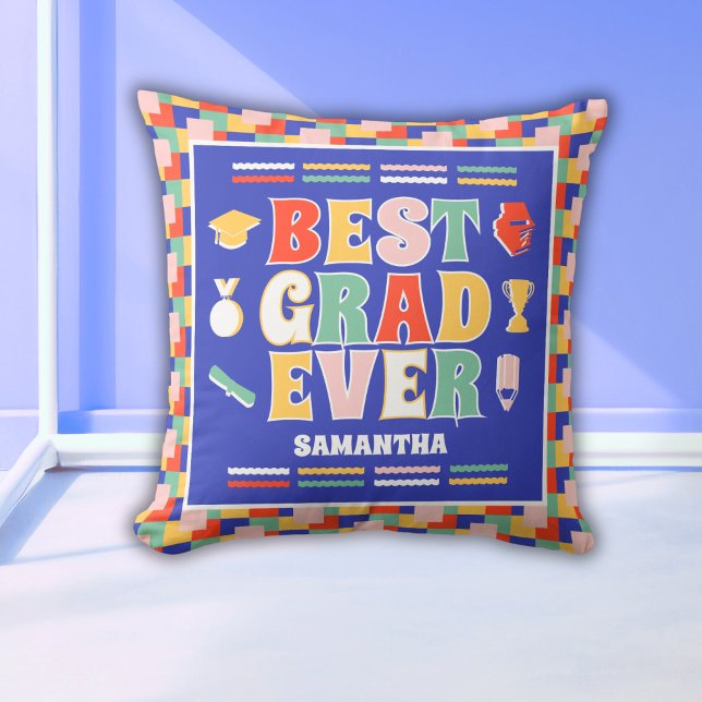 Retro Best Grad Ever Blue Graduation Throw Pillow (Creator Uploaded)
