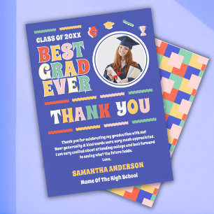 Retro Best Grad Ever Photo Blue Graduation  Thank You Card
