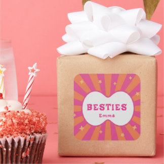 Retro Besties Pink & Orange Sunburst Personalized Square Sticker